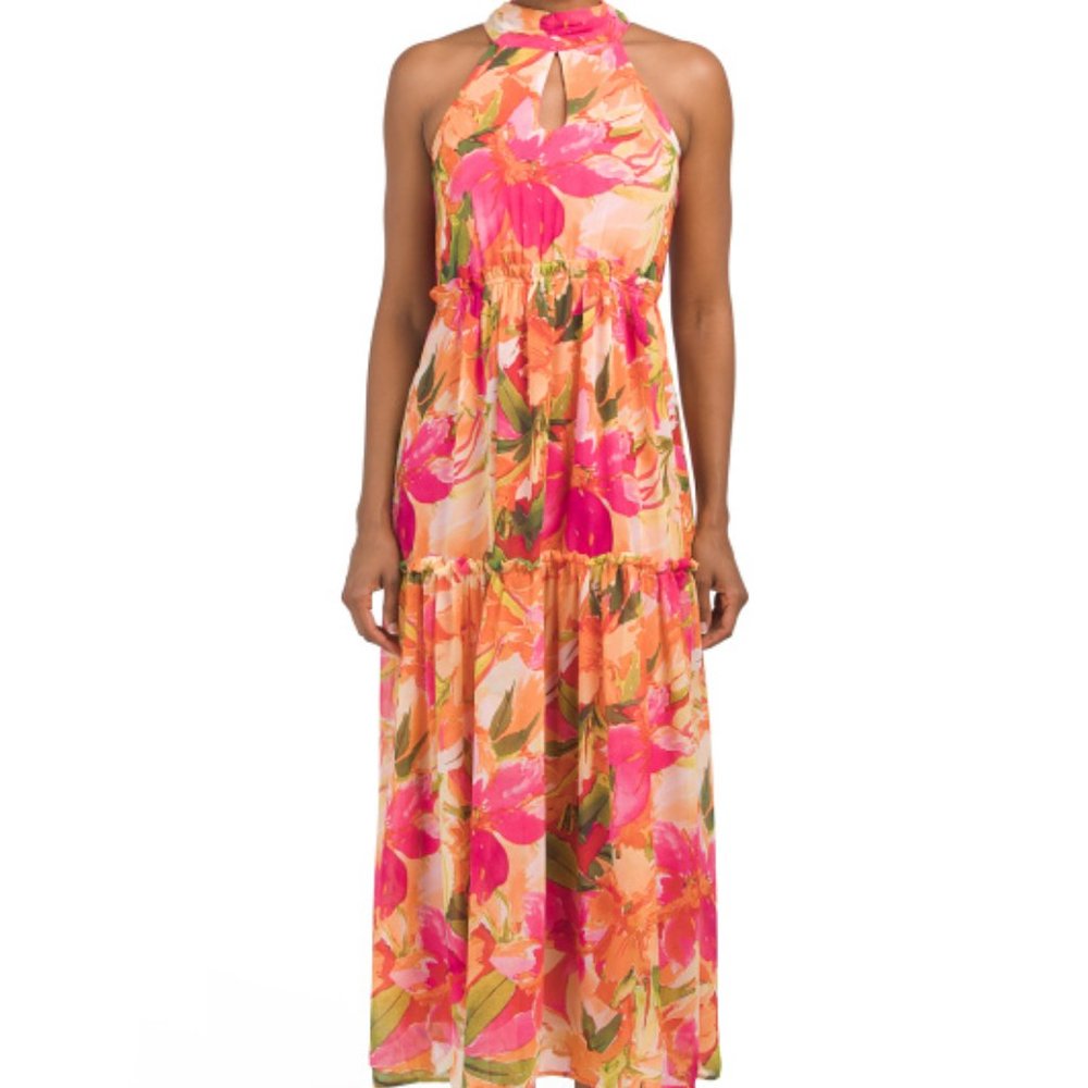 NICOLE MILLER NEW YORK Floral Halter Chiffon Tiered Dress XL
